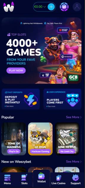 WeezyBet homepage banner highlighting 4,000+ casino games, fast deposits, and featured slot titles