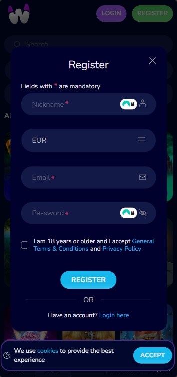 WeezyBet slots lobby displaying popular games from providers like BGaming, Quickspin, Red Tiger, and NoLimit City