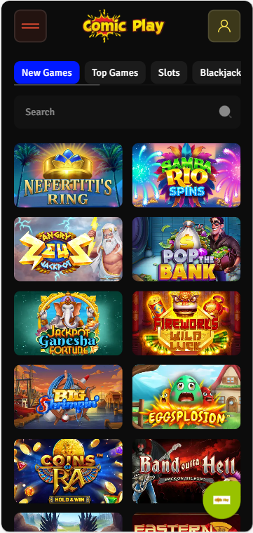 ComicPlay Casino slots page showing New Games, Top Games filters and a grid of colorful video slots from multiple providers