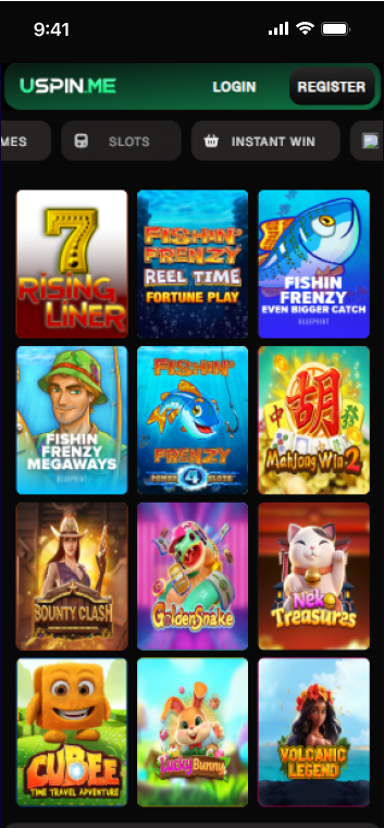 USpin.me casino slots page featuring popular online slot games like Fishin Frenzy, Rising Liner, Bounty Clash and more