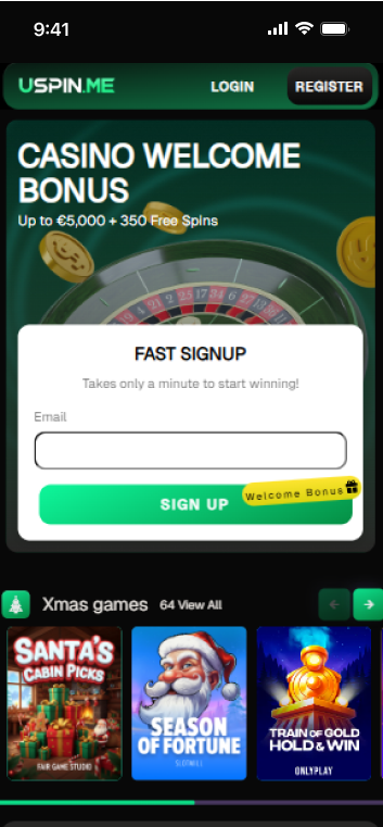 USpin.me casino landing page showing welcome bonus up to &euro;5,000 and 350 free spins with fast signup form and featured slots