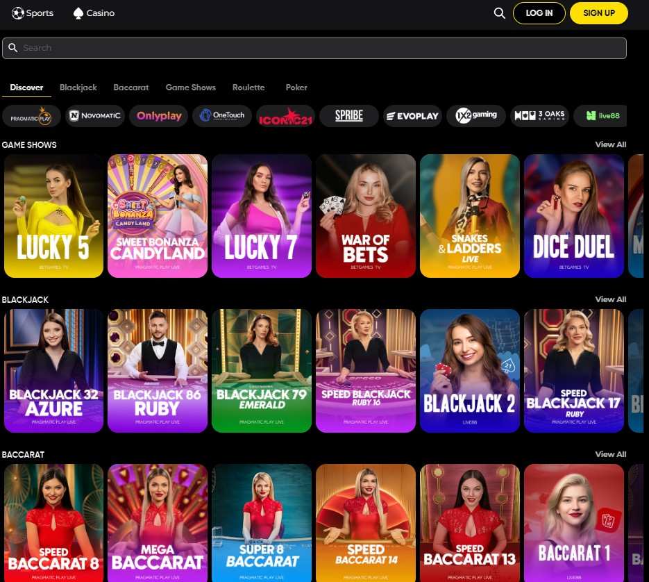 Live casino lobby at Cat Spins Casino showing game categories such as Game Shows, Blackjack, Baccarat, Roulette, and Poker, featuring live dealer titles like Lucky 7, Speed Baccarat, and Blackjack VIP 3. 