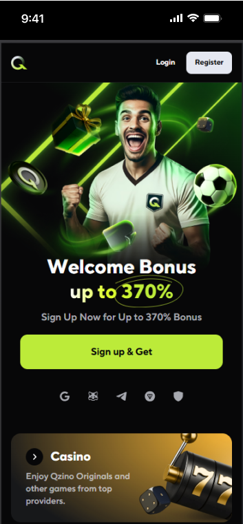 Qzino mobile landing page featuring an up to 370% welcome bonus and quick registration buttons for Google and Telegram.