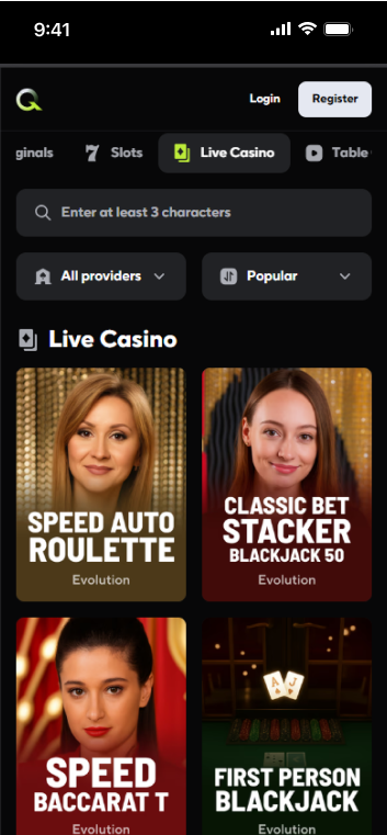 Qzino live dealer lobby featuring Evolution games like Speed Auto Roulette, Classic Bet Stacker Blackjack, and Speed Baccarat T.