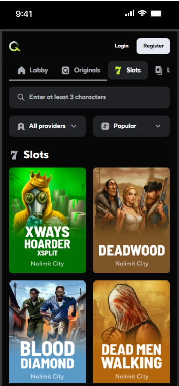 Qzino mobile slots lobby displaying popular titles like xWays Hoarder, Deadwood, and Blood Diamond from Nolimit City.