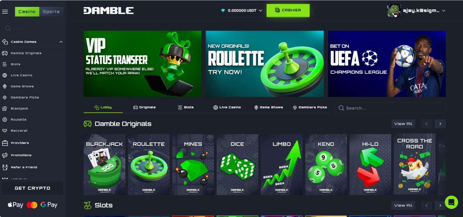 Damble Casino homepage