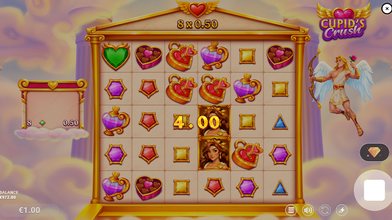 A 6x5 slot grid shows multiple matching heart lock symbols forming a cluster win, with a win calculation displayed as 8x0.50 at the top, a total win of 4.00 shown in the centre, and cleared symbol spaces indicating an active cascade sequence continuing after the cluster payout. 