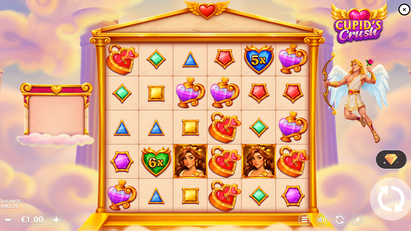 The Cupid&rsquo;s Crush game grid displays multiple heart lock symbols, potion symbols, gemstones, and character icons across a 6x5 layout, with visible 5x and 6x multipliers attached to heart symbols, empty spaces forming after wins, and symbols dropping down from above, while the balance updates at the bottom following cascade payouts.