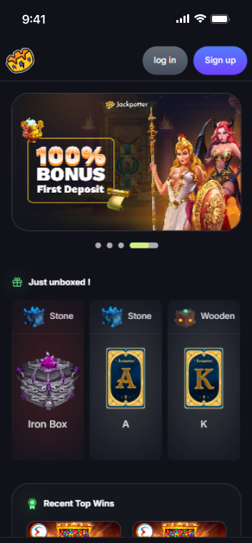 Jackpotter Casino homepage showing 100% first deposit bonus