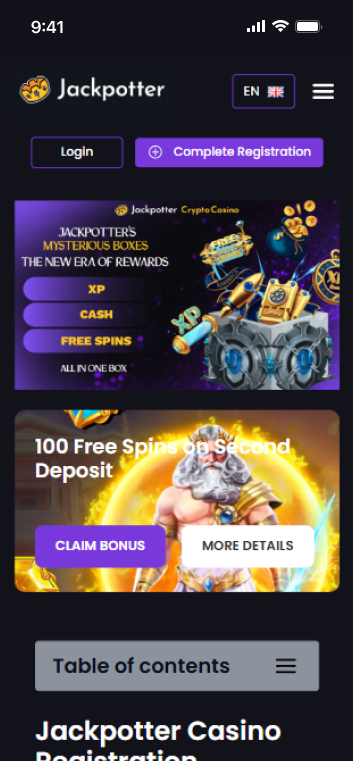 Jackpotter Casino registration page with bonus promotions