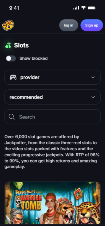 Jackpotter Casino slots lobby with 6,000+ games and provider filters