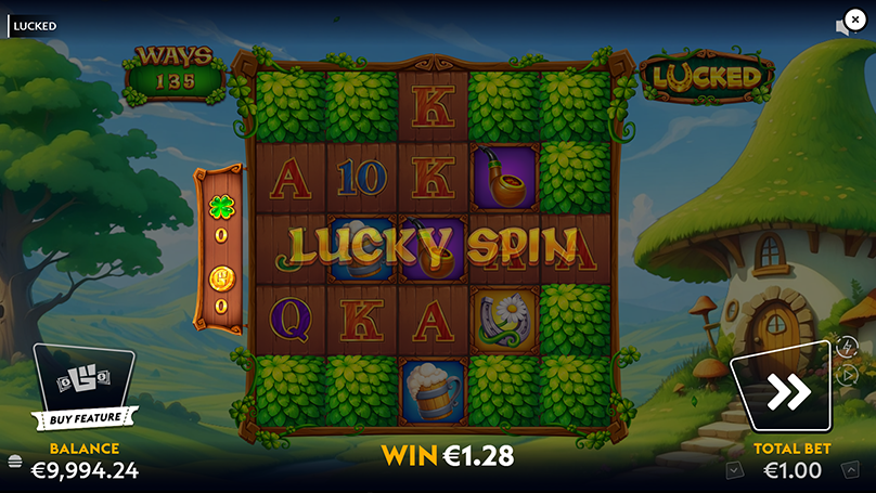Lucked slot free spins trigger screen announcing five free spins with a green framed message panel, displaying clover and coin counters on the left, a &euro;1 total bet, &euro;2.48 win display, and text explaining that collected coins power the coin meter during the bonus round.
