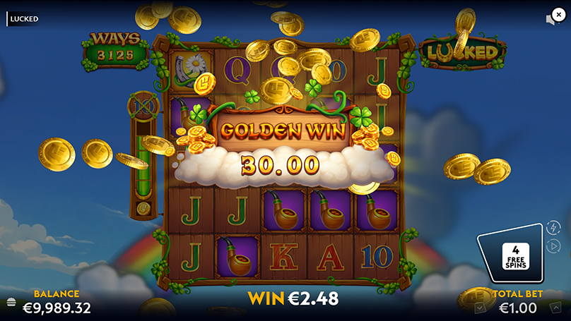 Lucked slot golden win animation showing coins falling across a fully expanded reel grid with 3,125 ways to win, displaying a Golden Win banner with a &euro;30 payout while the interface shows a &euro;1 total bet, &euro;2.48 win counter, and free spins indicator on the right.