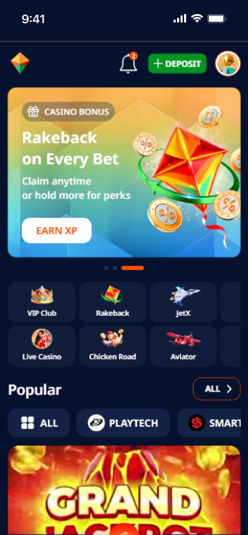 Casino mobile homepage showing VIP club, game categories, and popular slots 