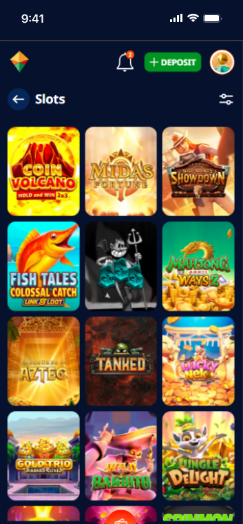 Casino slots section displaying multiple slot games in a grid layout
