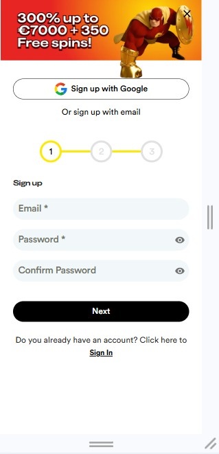 ShakeBet registration page with bonus banner, Google signup, email fields, and password setup. 