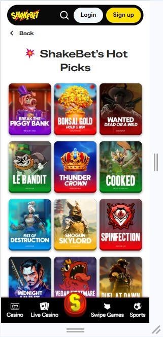 ShakeBet casino slots lobby showing Hot Picks with popular games and navigation menu.