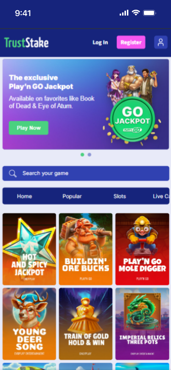 The Casino page of TrustStake casino, showing the Play&rsquo;n GO jackpot banner and top games.