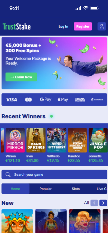 The landing page of TrustStake casino, showin a welcome offer banner, recent jackpot winners, and new games.