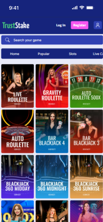 The Live Casino section of TrustStake casino, showing top games like live roulette and live blackjack.