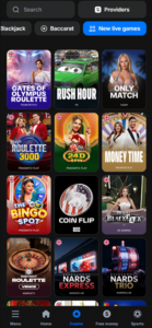 Users can navigate game types via the header, with game titles displayed in the centre of the screen