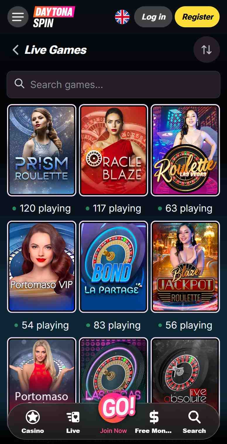 Daytona Spin Casino live dealer section showing real-time blackjack and roulette tables with professional dealers 