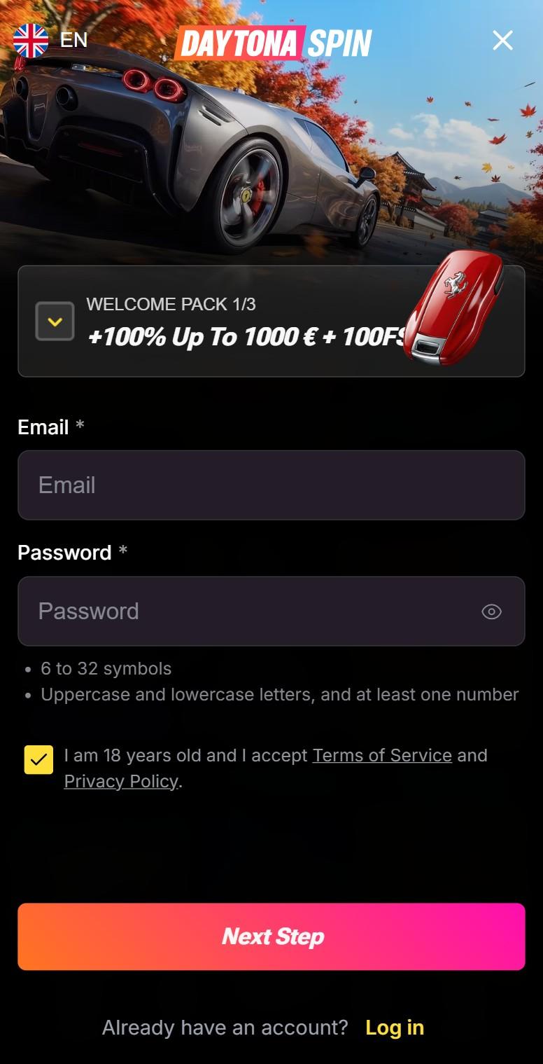 Daytona Spin Casino registration page with account creation form and input fields 