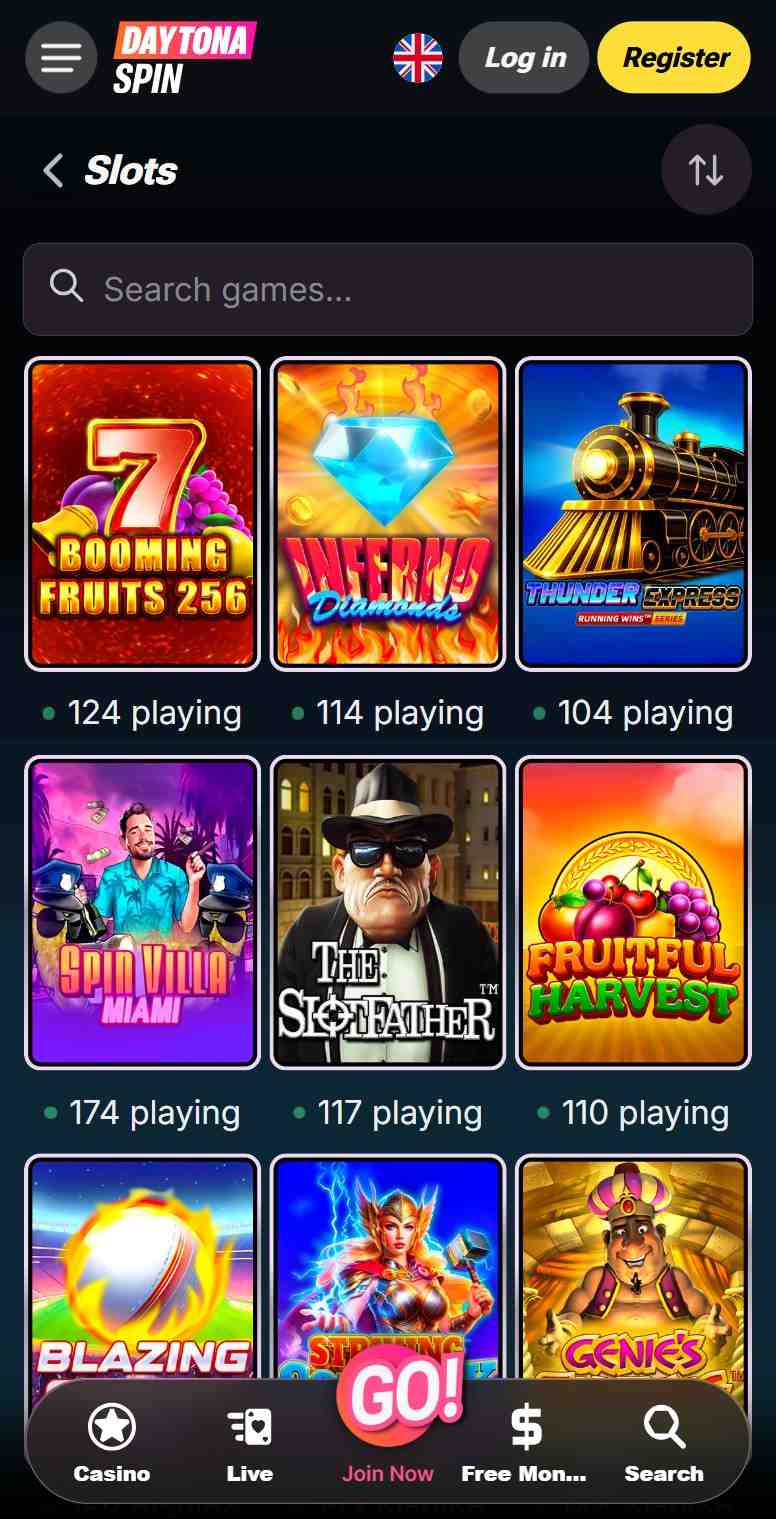 Slot games at Daytona Spin Casino show colorful reels, bonus features, and an interactive interface layout
