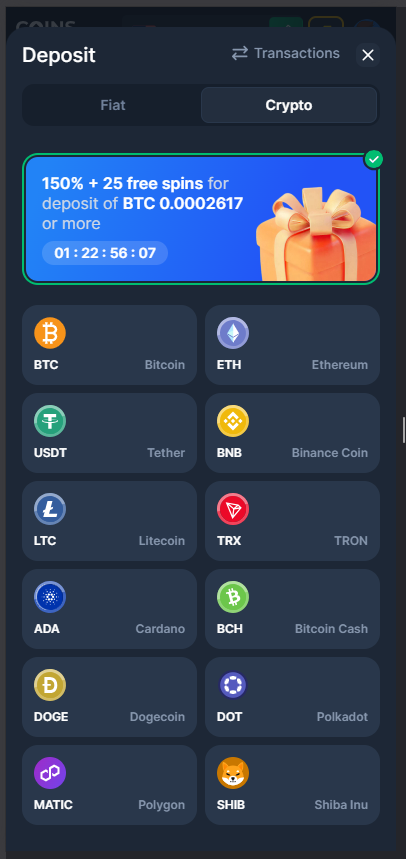 Coins.Game crypto deposit screen displaying Bitcoin, Tether, and Solana payment options with a promo code field. 