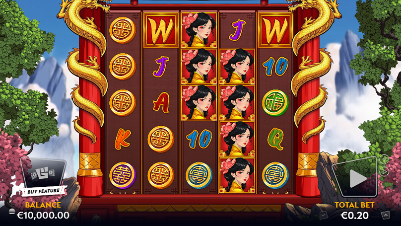 Dragon Trail slot gameplay showing 5x5 reels, symbols, and dragon-themed design.