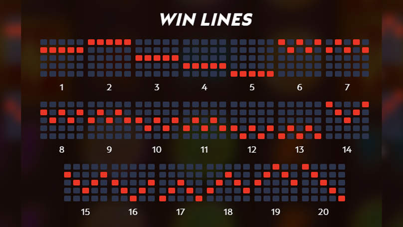 Dragon Trail payline screen showing 20 fixed paylines in different patterns across reels