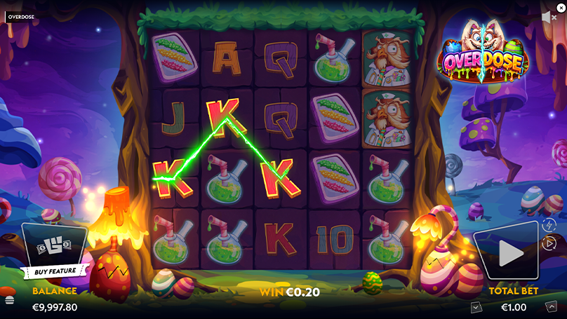 Overdose slot winning combination of King symbols showing a small payout during high volatility gameplay. 