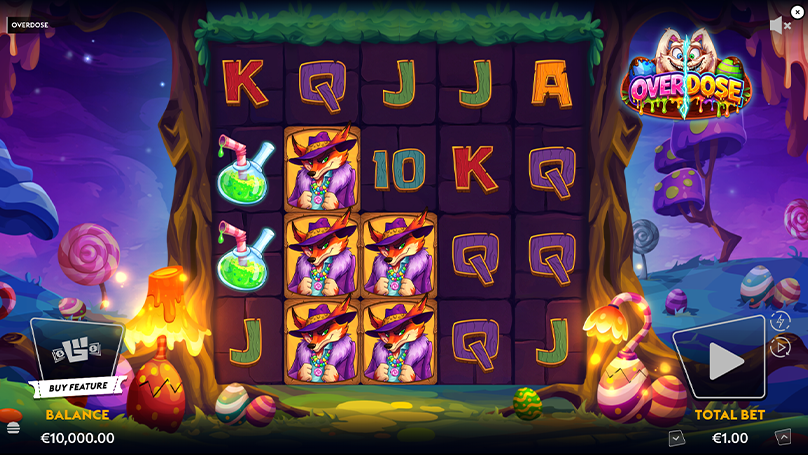 4x5 grid of Overdose slot showing stacked fox symbols, neon flasks, and a glowing purple candy forest background. 