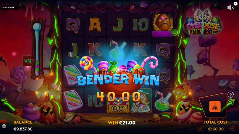 Overdose slot Blazed Free Spins feature showing a Bender Win payout and x4 progressive multiplier gauge. 