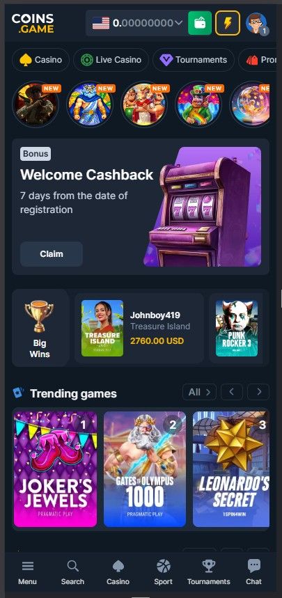 Coins.Game Casino lobby with the different game categories, and the real-time social chat panel.