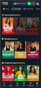 Live dealer games lobby at Coins.Game featuring roulette, blackjack, and game shows like Monopoly Live.
