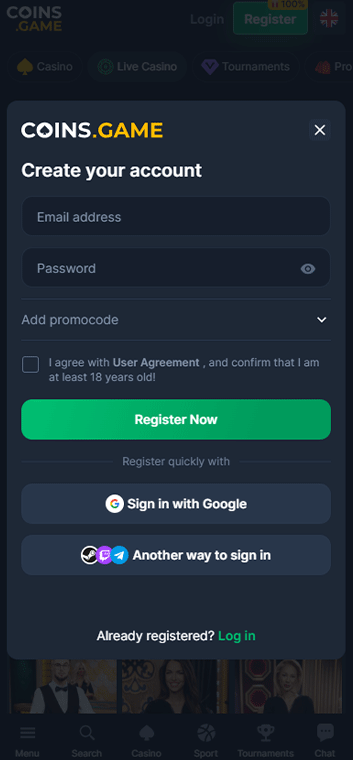 Coins.Game registration window with fields for email, password, and the promo code. 