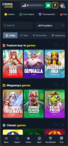 Grid of popular online slots at Coins.Game, including Gates of Olympus, Sweet Bonanza, and various Megaways titles.