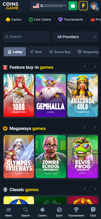 Grid of popular online slots at Coins.Game, including Gates of Olympus, Sweet Bonanza, and various Megaways titles.