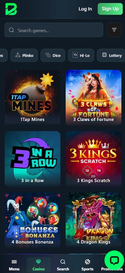 Plinko, Dice, and Hi-Lo are some header filters; six mini-games are shown on the page