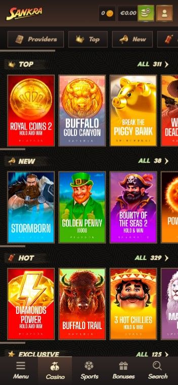 The games library at Sankra Casino, showing the Top, New, and Hot offers