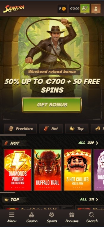 The homepage of Sankra Casino, showing a bonus banner and top games