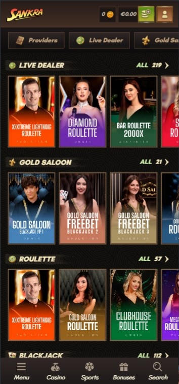 The live casino section at Sankra Casino, showing Gold Saloon, Blackjack, and Roulette sections