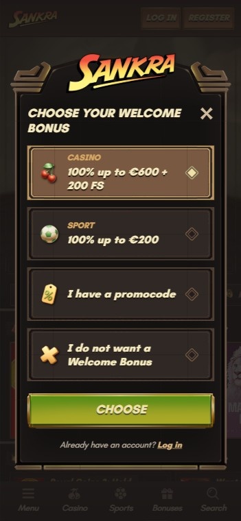 The registration page at Sankra Casino, showing welcome bonus options