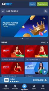 1xBet live casino page showing a welcome package banner and live dealer games like Shangrila Baccarat and 1x Roulette