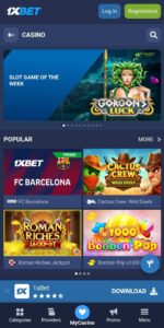 1xBet casino page featuring the 'Slot Game of the Week' banner for Gorgon's Luck and popular games like FC Barcelona and Cactus Crew
