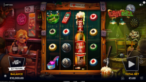Last Call slot gameplay in a gritty bar with beer bottle wild and card suit bottle cap symbols.