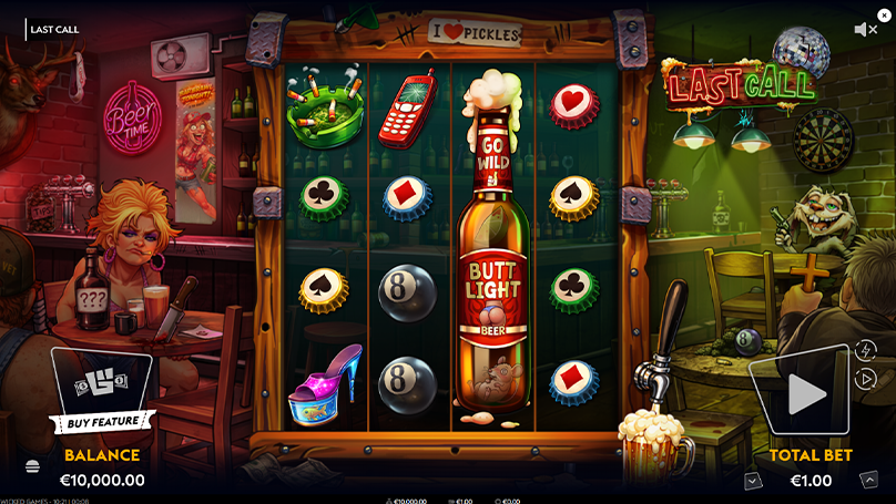 Last Call slot gameplay in a gritty bar with beer bottle wild and card suit bottle cap symbols.