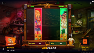 Last Call Bar Fight Bonus showing team health bars, fighter power stats, and Win Pot vs Victory Pot values. 