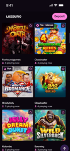 The Lussurio Casino slot page shows six releases from different providers, including Mortal Oath and Wild Silverback